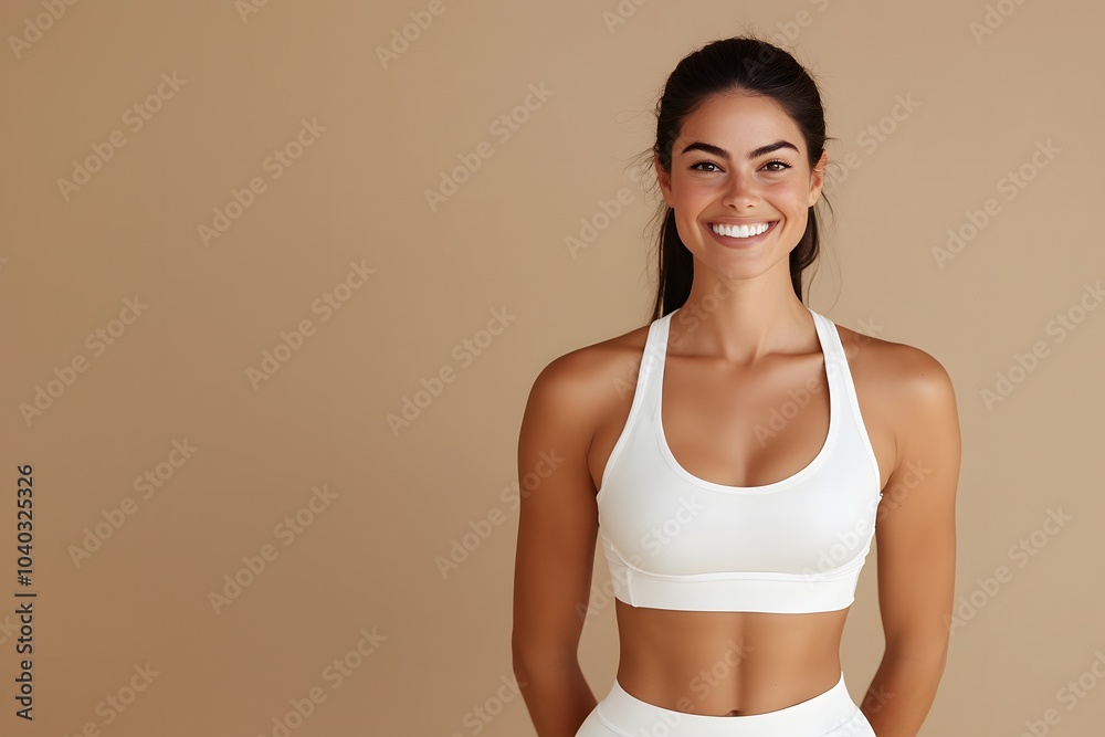 Smiling woman in sportswear posing confidently against a beige background, exuding natural beauty and fitness inspiration Smiling woman in sportswear posing confidently against a beige background, exuding natural beauty and fitness inspiration