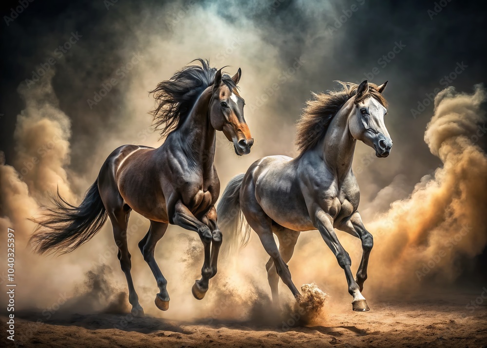 Two Majestic Horses Facing Each Other in Dust and Smoke - Low Light Photography Two Majestic Horses Facing Each Other in Dust and Smoke - Low Light Photography