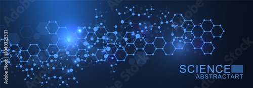 Modern scientific background with hexagons, lines and dots. Wave flow abstract background. Molecular structure for medical, technology, chemistry, science. Vector illustration