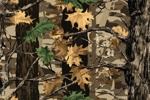 Real tree forest camouflage seamless pattern design pattern for hunting and military uniform. Hunting camouflage