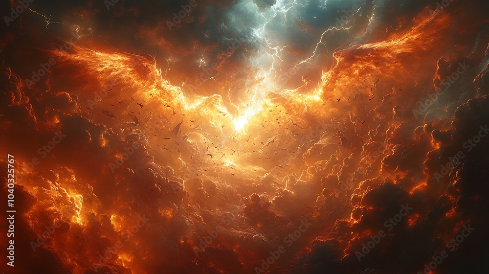 Cosmic battles Enoch's visions fallen angels clash with divine warriors light and shadow fill the dramatic sky lightning and celestial fire illuminate the intense and mystical conflict