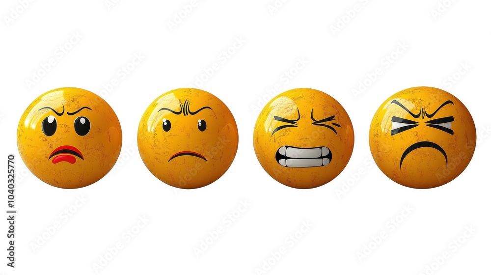 Fototapeta premium Set of four yellow emoticons showing various angry expressions for emotional or digital communication.