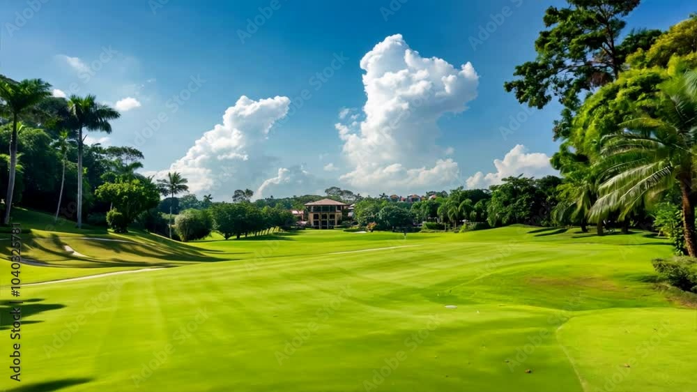 Serene Outdoor Golf Course Landscape with Lush Green Grass, Palm Trees, and Sunny Blue Sky with Fluffy Clouds Inviting Natures Relaxation.