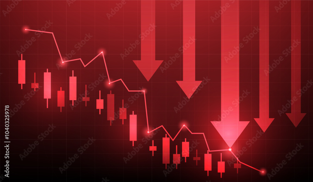 Fototapeta premium economy business crisis and graph investment down on red background. arrow trading chart candlestick fall. vector illustration fantastic technology.
