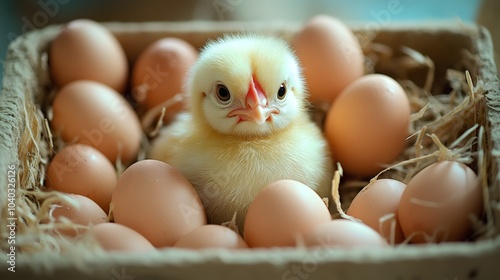 Adorable chick sitting among fresh eggs in a cozy nest, symbolizing new life and fresh beginnings