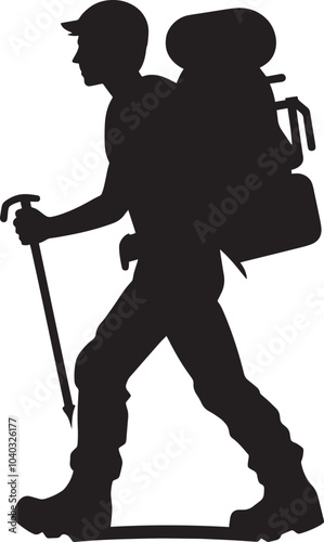 Mountain trekking person silhouette vector illustration isolated on a white background