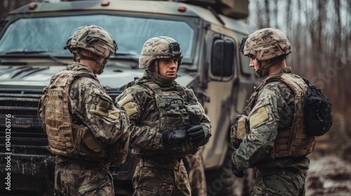 Troop Assembly at Military Vehicle, three soldiers in camouflage gear are gathered around a military vehicle in a strategic discussion, faces obscured, environment tense and focused.