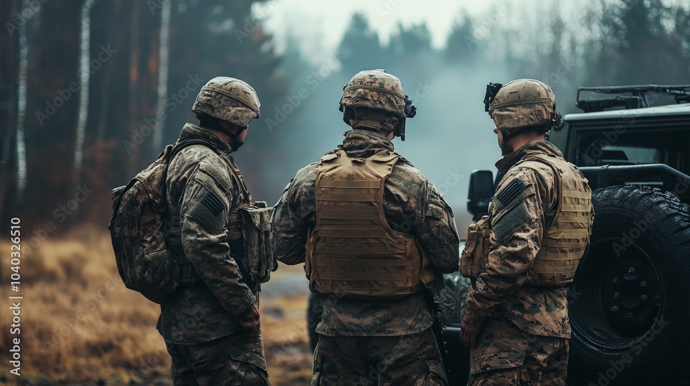 Military personnel in camouflage gear strategizing around a tactical vehicle, faces concealed in a dynamic operational environment, showcasing teamwork and readiness.