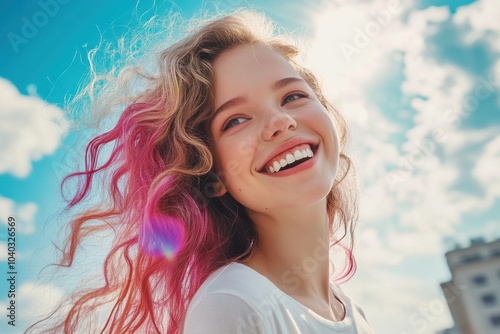 Smiling Young Woman with Vibrant Dyed Hair Flowing in the Breeze Under the Bright Summer Sun in a Modern Urban Setting