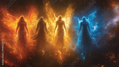 Four archangels the Book of Enoch each wielding divine weapons and glowing wings stand in powerful stances against a cosmic backdrop stars and celestial energy surrounding their radiant forms