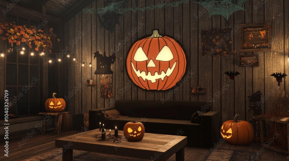 Obraz premium A cozy Halloween-themed room featuring carved pumpkins, warm lighting, and rustic wooden decor