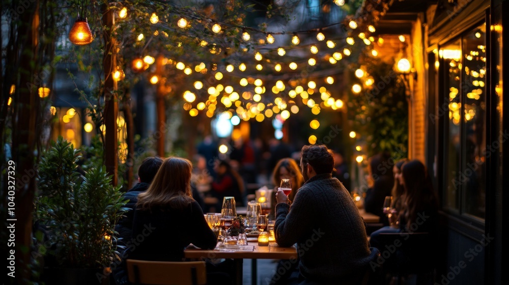 Twilight Gathering, a vibrant evening scene filled with laughter and conversation, guests savoring drinks, twinkling fairy lights creating a magical atmosphere under the dusk sky