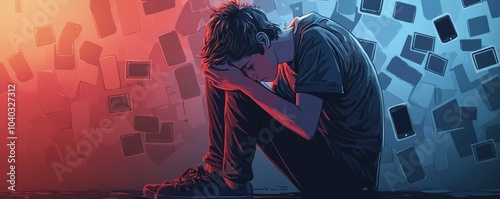 An image portraying the serious implications of teenage depression influenced by social media, capturing a despondent adolescent struggling with self-harm and suicidal thoughts due to cyberbullying.