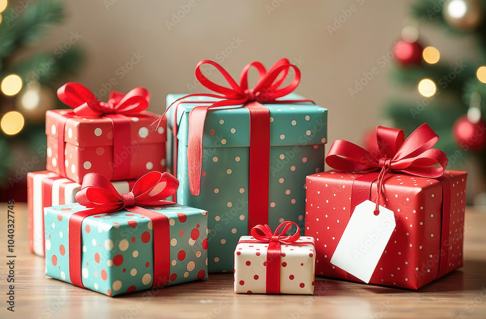 Obraz premium Stack of Christmas gifts in colorful polka-dot wrapping paper with red ribbons, set against a festive background, symbolizing holiday cheer and celebration. Concept for advertisement, sale, mockup