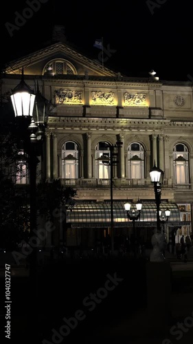 Nighttime View of Teatro Colón in Buenos Aires - 4K Vertical photo