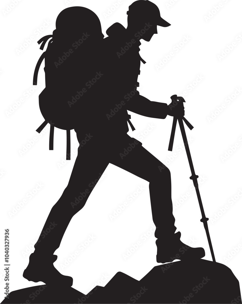 Mountain trekking person silhouette vector illustration isolated on a white background Mountain trekking person silhouette vector illustration isolated on a white background