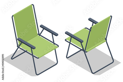 Isometric folding chair for camping or fishing. Green foldable camp chair isolated on white
