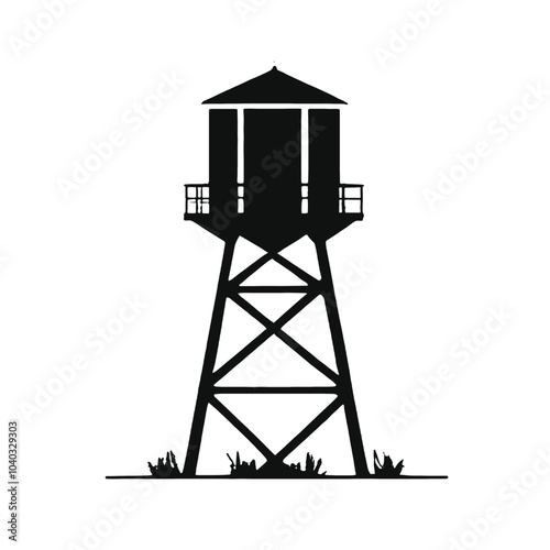 A black silhouette of a water tower on a tall metal frame 