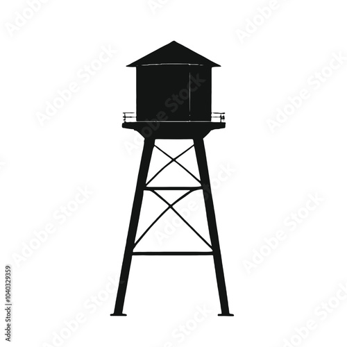 A black silhouette of a water tower on a tall metal frame 