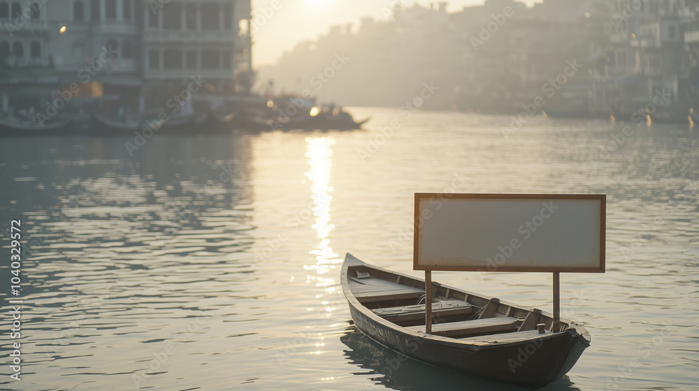 Empty Signboard on Boat in Cityscape River Scene Empty Signboard on Boat in Cityscape River Scene