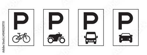 Four parking signs with different vehicles on them. The signs are black and white. The signs are placed in a row