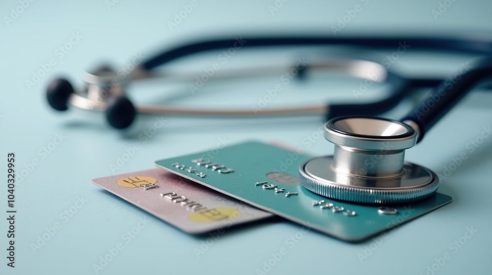 Close-up of credit cards with stethoscope symbolizing health insurance Close-up of credit cards with stethoscope symbolizing health insurance