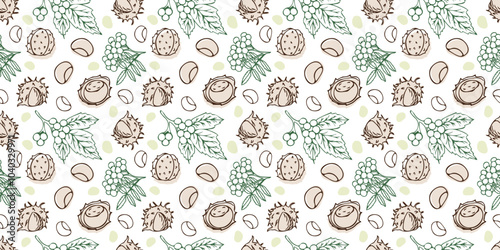 Vector seamless pattern with outlines of chestnuts, foliage and berries in doodle style. Line art autumn background. Thanksgiving design. Concept of forest, leaf fall, nature.