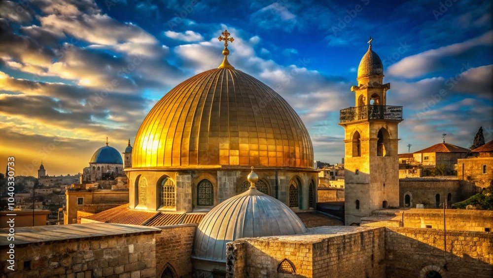 Fototapeta premium Urban Exploration of the Golden Dome of the Cathedral of the Holy Sepulchre in Jerusalem’s Historic Landscape