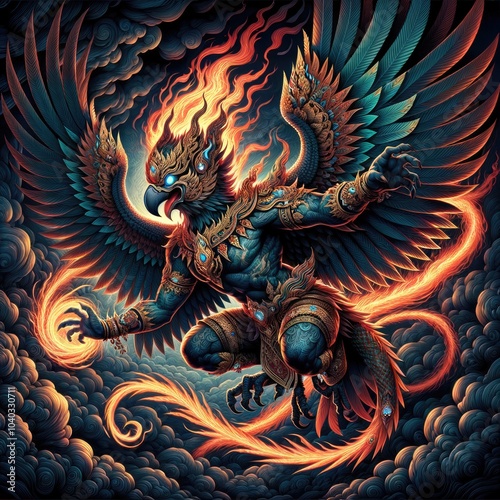 Fiery Garuda in Flight: A Majestic Mythical Bird-Human Hybrid with Expansive Wings and Glowing Armor, Surrounded by Swirling Flames Against a Dark, Stormy Sky