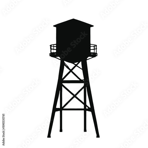 A black silhouette of a water tower on a tall metal frame 