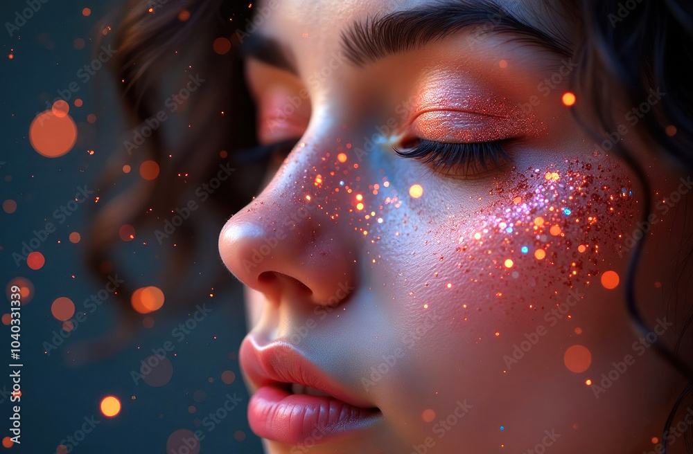 Close-up of a beautiful girl with glitter makeup on her cheek and closed eyes, enhanced by orange eyeshadow. The sparkling particles create a magical, dreamy effect with soft lighting Close-up of a beautiful girl with glitter makeup on her cheek and closed eyes, enhanced by orange eyeshadow. The sparkling particles create a magical, dreamy effect with soft lighting