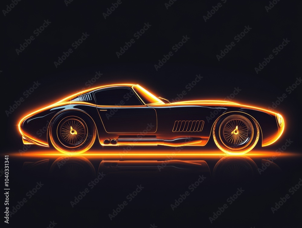 Aerial view thick vector lines, full body neon orange silhouette of vintage sports car towards the viewer on pure all black background. Aerial view thick vector lines, full body neon orange silhouette of vintage sports car towards the viewer on pure all black background.