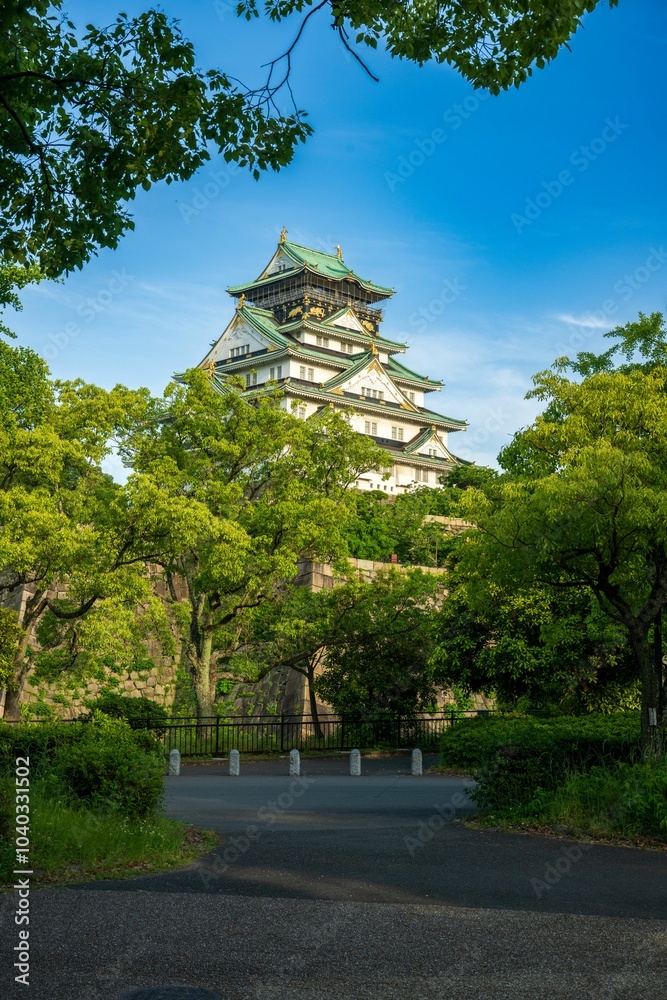 Fototapeta premium Vertical view of Osaka Castle in a beautiful summer sunset, Osaka, Japan by a river