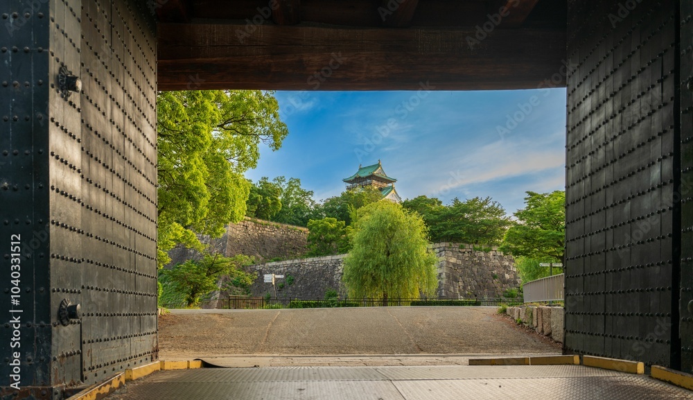 Fototapeta premium Osaka Castle in a Summer evening in Osaka, Japan with greenery trees