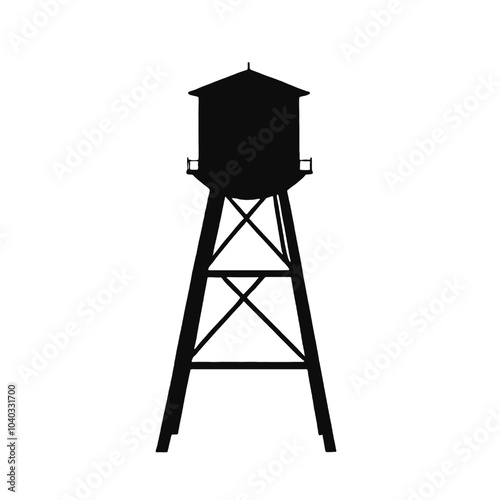 A black silhouette of a water tower on a tall metal frame 