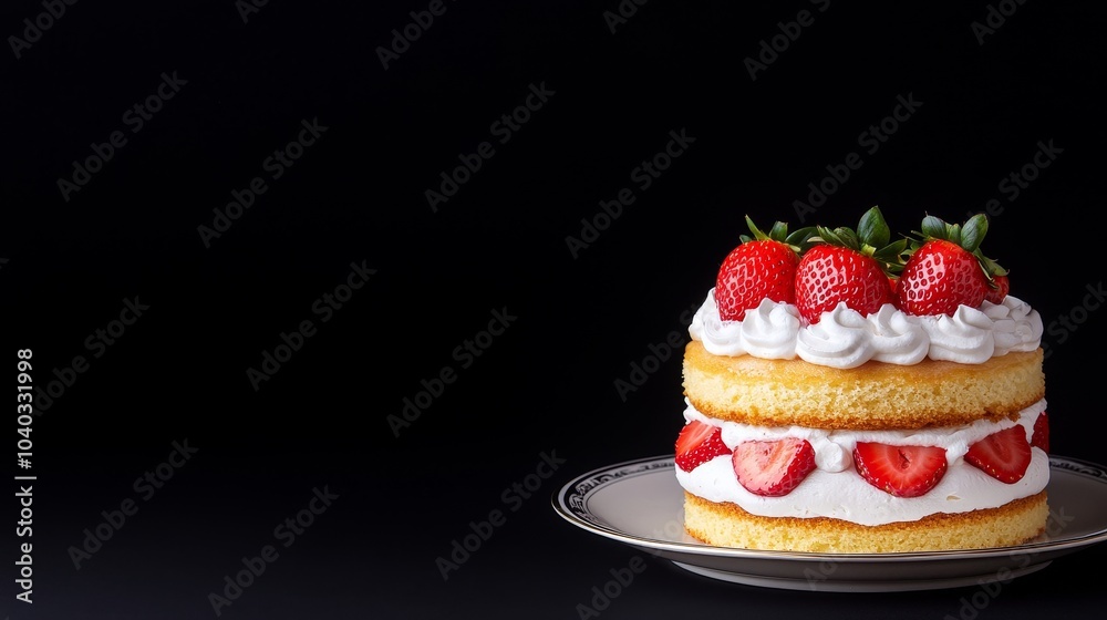 Fresh Strawberry Cream Cake on Black Background Fresh Strawberry Cream Cake on Black Background
