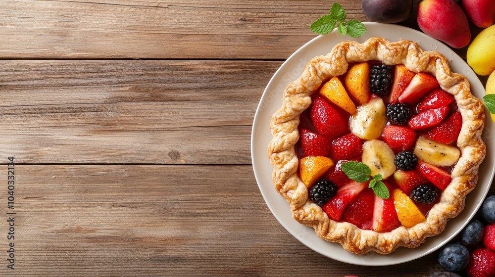 Fresh Fruit Tart on Rustic Wooden Table Fresh Fruit Tart on Rustic Wooden Table