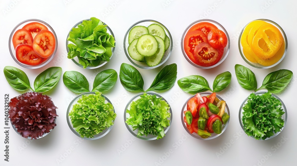 An assortment of fresh salad ingredients including tomatoes lettuce cucumbers and bell peppers arranged in small bowls with basil leaves on a white background
An assortment of fresh salad ingredients including tomatoes lettuce cucumbers and bell peppers arranged in small bowls with basil leaves on a white background