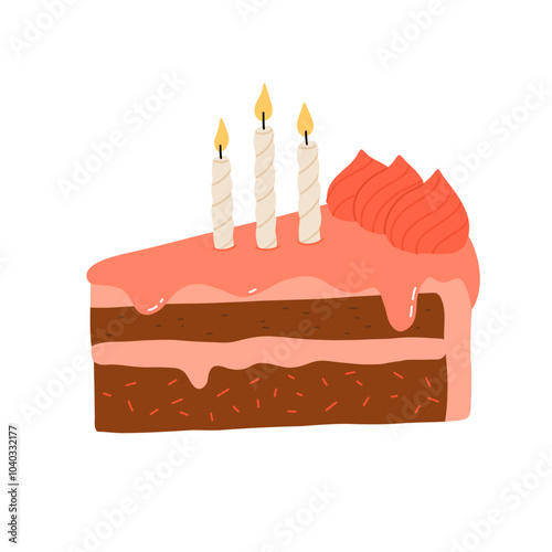 Birthday cake slices set. Sweet holiday bakery pieces collection. Pastry chocolate fruit, berry dessert with candles for breakfast. Vector hand drawn flat cartoon illustration