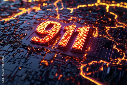 Digital Emergency Response: Futuristic Depiction of a 911 Call System with Circuit Board Aesthetics photo