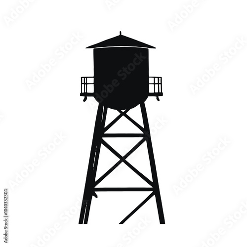 A black silhouette of a water tower on a tall metal frame 