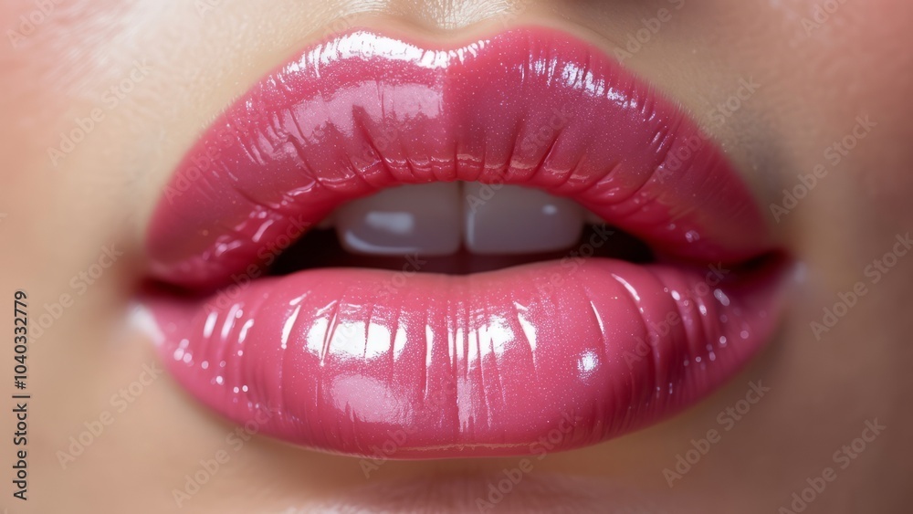 Obraz premium Close-up of pink lips with shimmering lip gloss. Women's beauty and lip care, lip moisturizing.