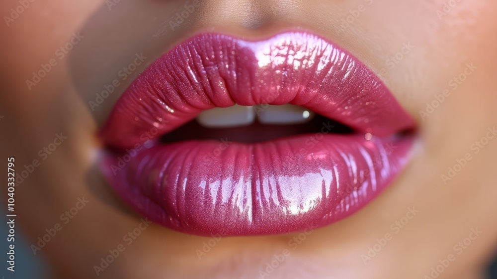 Obraz premium Close-up of pink lips with shimmering lip gloss. Women's beauty and lip care, lip moisturizing.