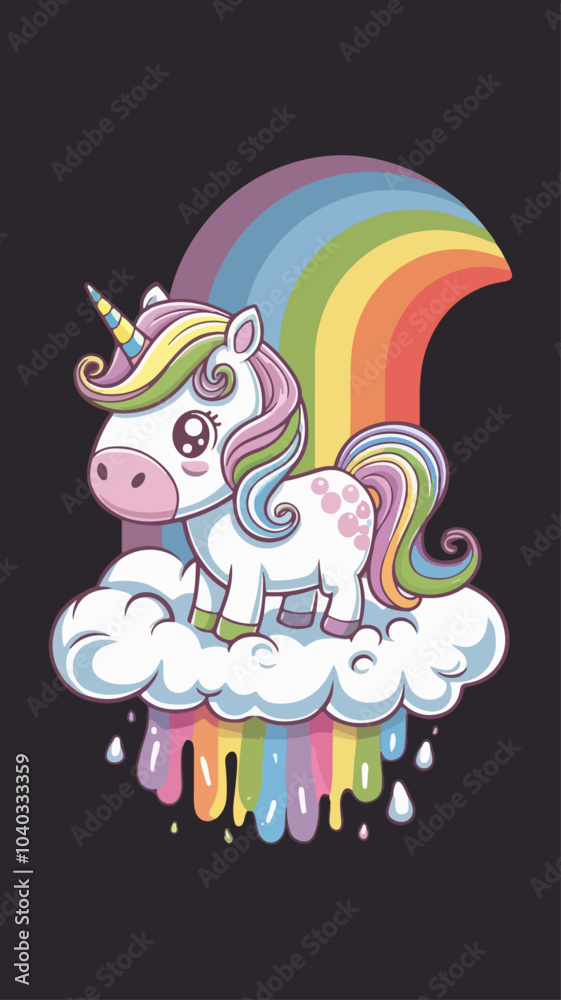 Fototapeta premium A kawaii-style unicorn with a rainbow mane and horn is standing on a cloud made of cotton candy.