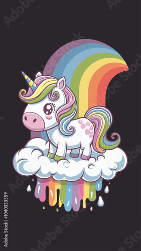 A kawaii-style unicorn with a rainbow mane and horn is standing on a cloud made of cotton candy.