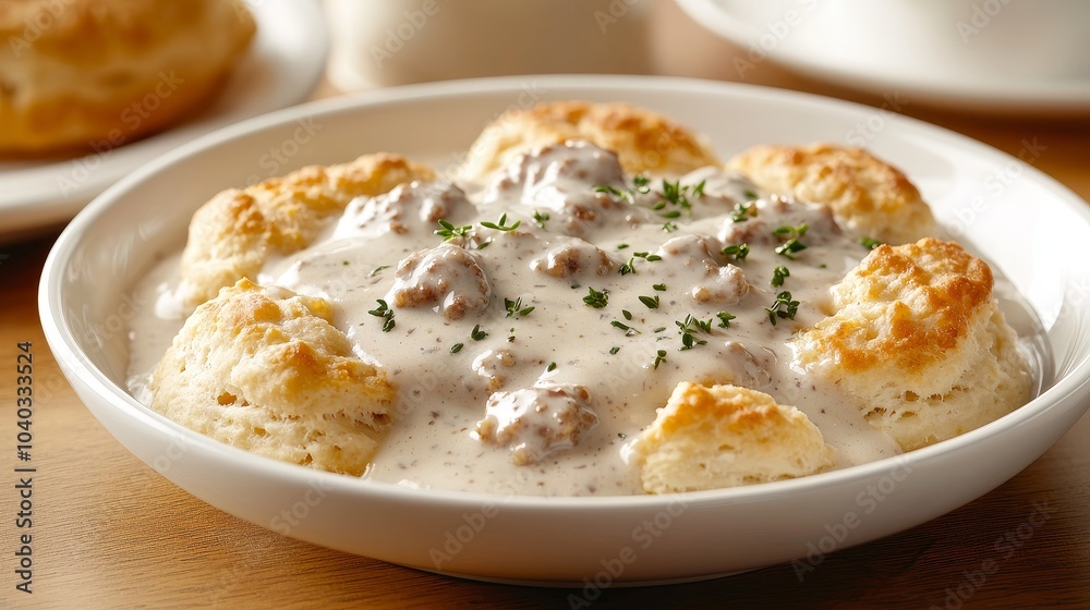 Delicious Biscuits with Sausage Gravy in a Bowl Delicious Biscuits with Sausage Gravy in a Bowl