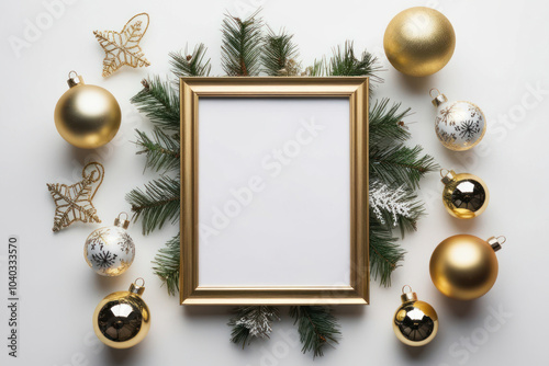 Golden frame mockup with copy space on white background withd Xmas decoration in goldand white colors. Christmas background. AI generated photo