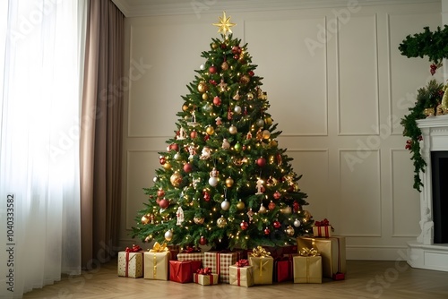 holiday decorations of Christmas tree with gift boxes and presents around