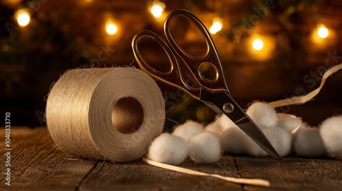 Crafting supplies with scissors and cotton balls on a wooden table photo