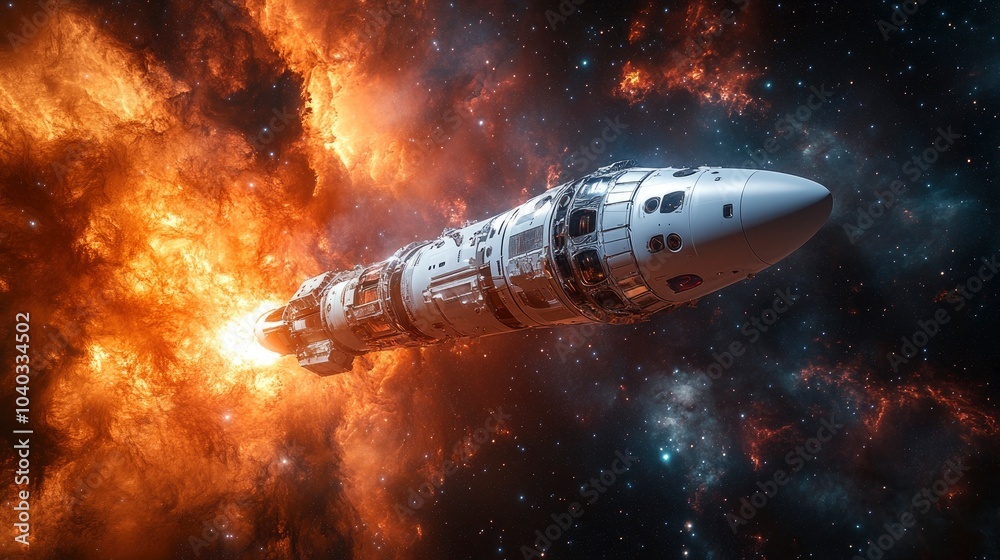 Spacecraft soaring through the fiery cosmos towards distant galaxies Spacecraft soaring through the fiery cosmos towards distant galaxies
